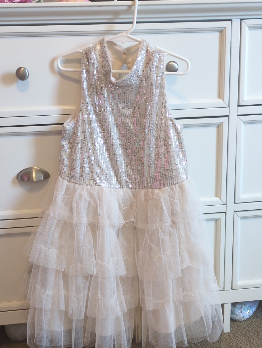 Sugar Silver Sequin Bodice with Ivory Tulle Tiered Skirt Dress
